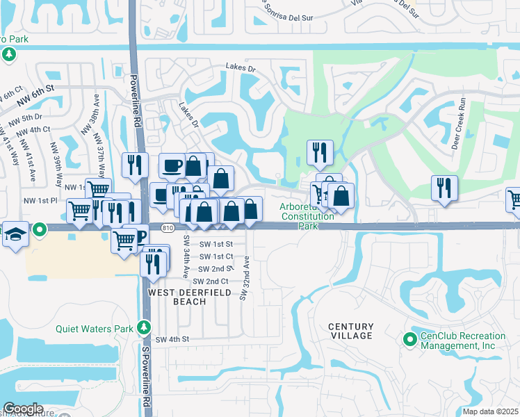 map of restaurants, bars, coffee shops, grocery stores, and more near 65 Deer Creek Road in Deerfield Beach