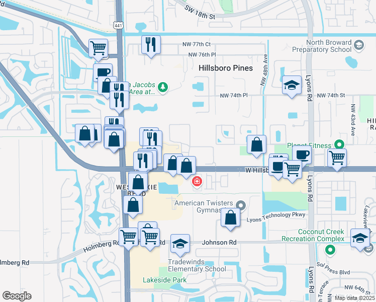 map of restaurants, bars, coffee shops, grocery stores, and more near 5201 West Hillsboro Boulevard in Coconut Creek
