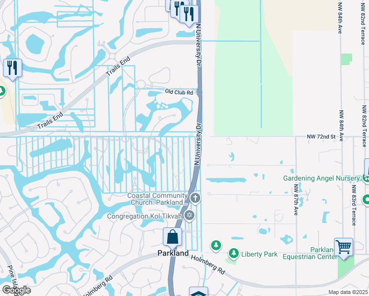 map of restaurants, bars, coffee shops, grocery stores, and more near 7126 Spyglass Avenue in Parkland