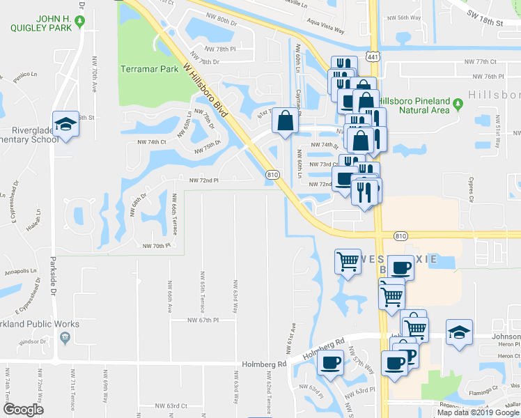 map of restaurants, bars, coffee shops, grocery stores, and more near 7217 Northwest 62nd Terrace in Parkland