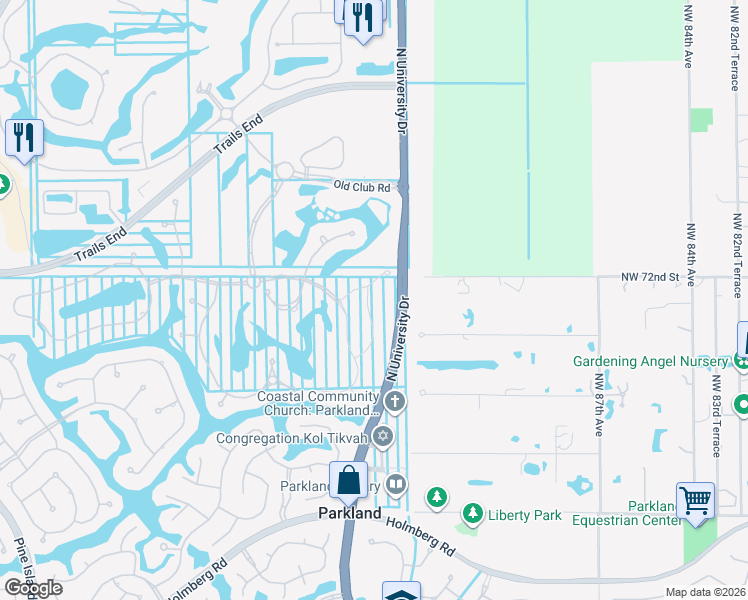 map of restaurants, bars, coffee shops, grocery stores, and more near 7126 Spyglass Avenue in Parkland