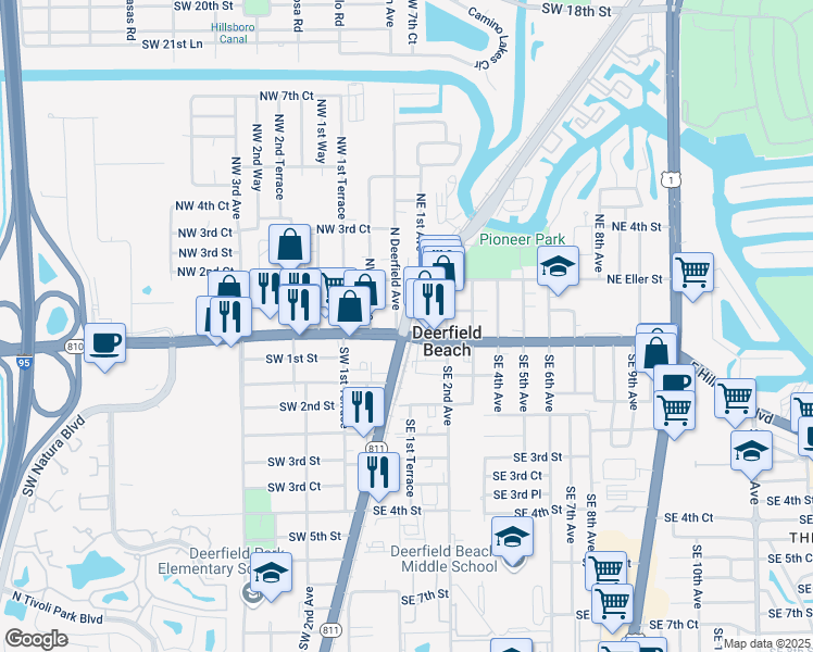 map of restaurants, bars, coffee shops, grocery stores, and more near 2 North Dixie Highway in Deerfield Beach