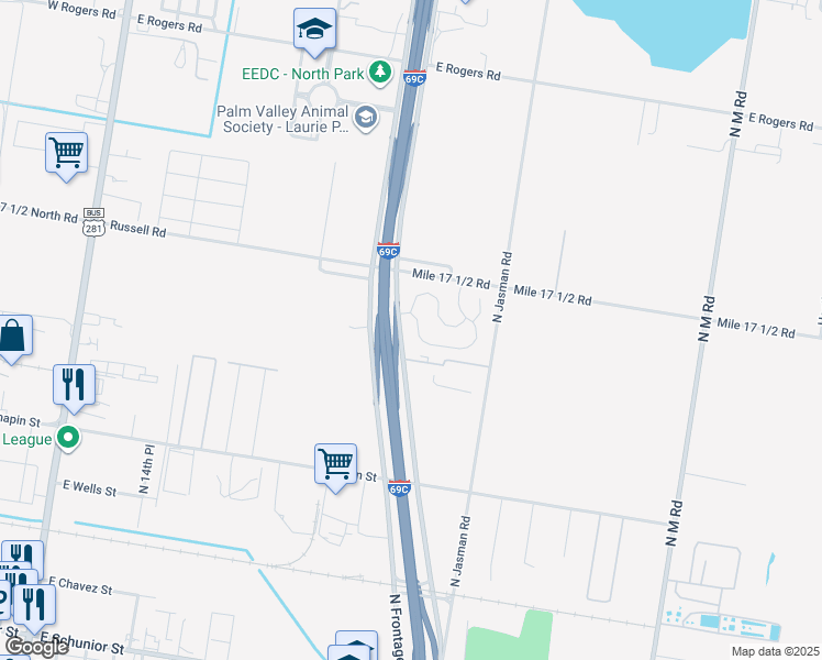 map of restaurants, bars, coffee shops, grocery stores, and more near 1904 North Expressway 281 in Edinburg