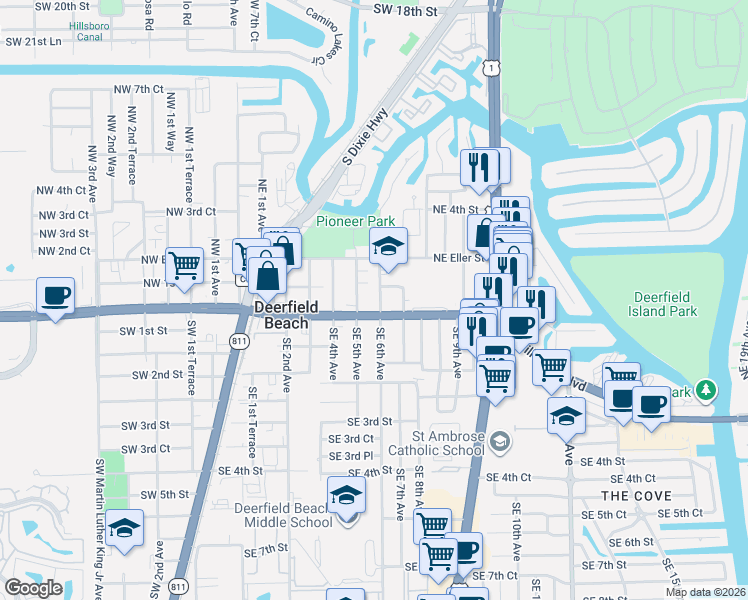 map of restaurants, bars, coffee shops, grocery stores, and more near 70 Northeast 6th Avenue in Deerfield Beach
