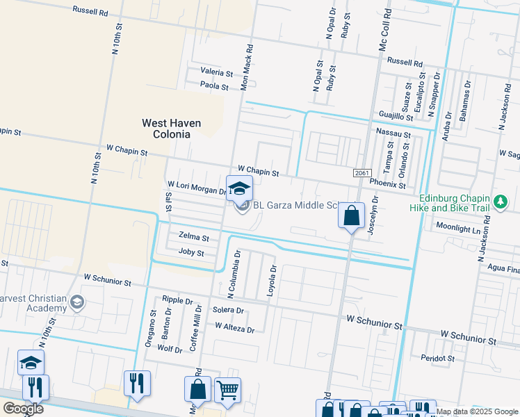 map of restaurants, bars, coffee shops, grocery stores, and more near 1202 Mon Mack Road in Edinburg