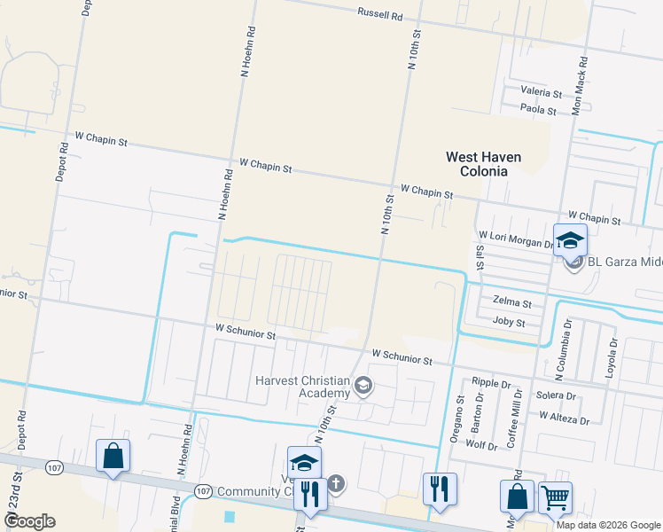 map of restaurants, bars, coffee shops, grocery stores, and more near 4403 West Schunior Street in Edinburg
