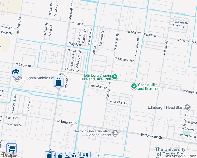 map of restaurants, bars, coffee shops, grocery stores, and more near 2309 West Candlelight Drive in Edinburg