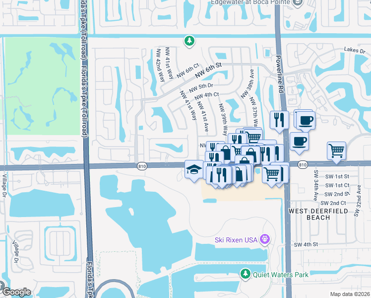 map of restaurants, bars, coffee shops, grocery stores, and more near 91 Northwest 42nd Way in Deerfield Beach