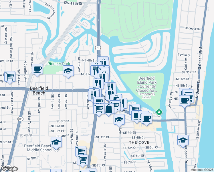 map of restaurants, bars, coffee shops, grocery stores, and more near 25 Little Harbor Way in Deerfield Beach