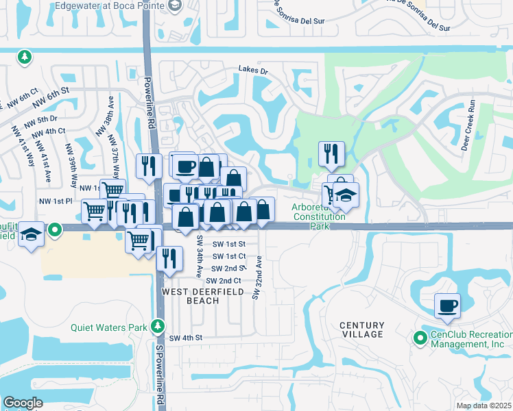 map of restaurants, bars, coffee shops, grocery stores, and more near 3116 DC Country Club Blvd in Deerfield Beach