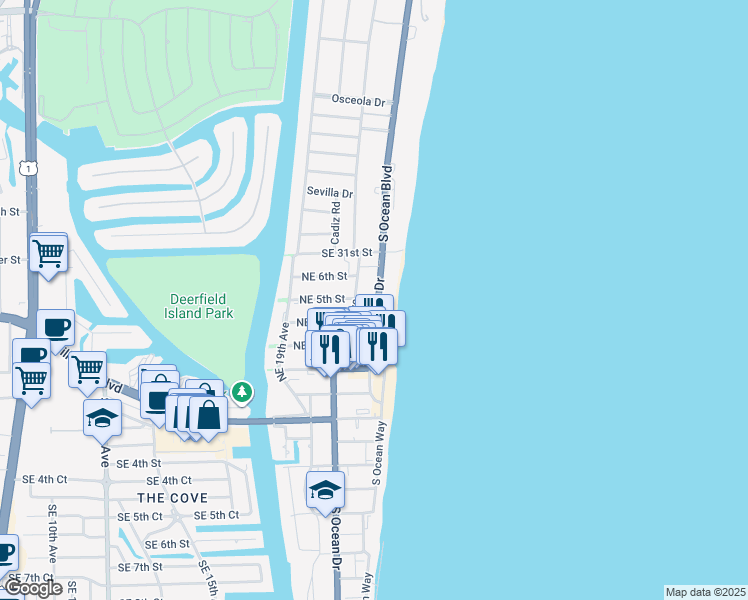 map of restaurants, bars, coffee shops, grocery stores, and more near 87 North Ocean Drive in Deerfield Beach