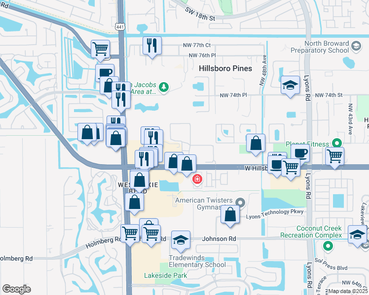 map of restaurants, bars, coffee shops, grocery stores, and more near 5241 West Hillsboro Boulevard in Coconut Creek