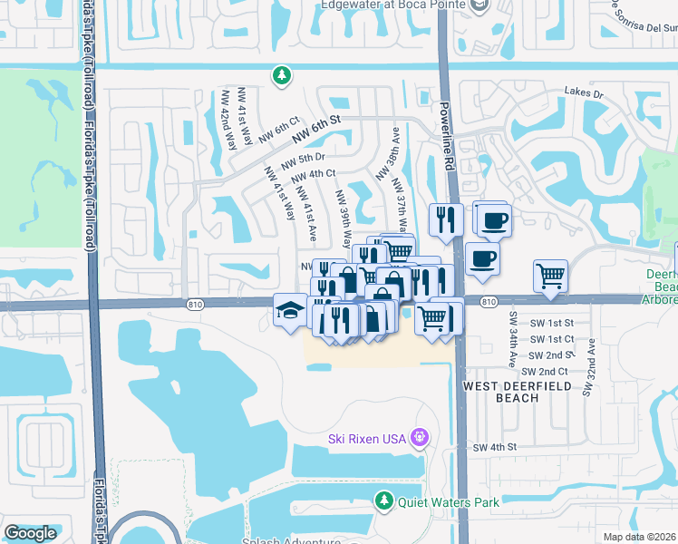map of restaurants, bars, coffee shops, grocery stores, and more near 4024 Northwest 1st Place in Deerfield Beach