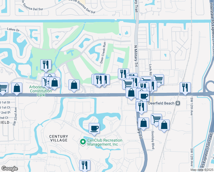 map of restaurants, bars, coffee shops, grocery stores, and more near 2142 Woodlands Trail in Deerfield Beach