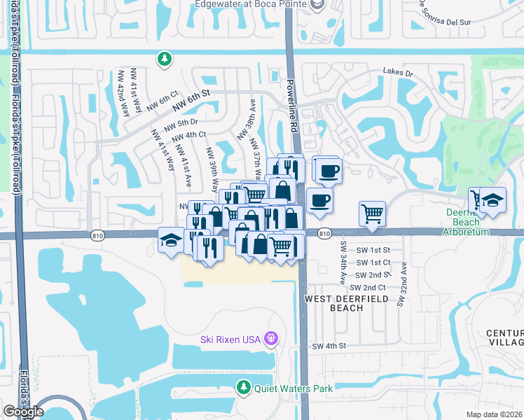map of restaurants, bars, coffee shops, grocery stores, and more near 3814 Northwest 1st Place in Deerfield Beach