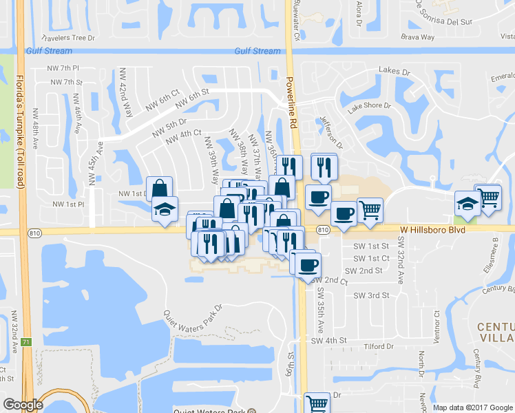 map of restaurants, bars, coffee shops, grocery stores, and more near 3814 Northwest 1st Place in Deerfield Beach
