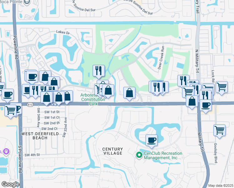 map of restaurants, bars, coffee shops, grocery stores, and more near 135 Deer Creek Boulevard in Deerfield Beach