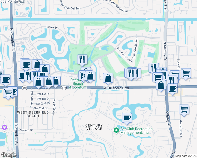 map of restaurants, bars, coffee shops, grocery stores, and more near 147 Deer Creek Boulevard in Deerfield Beach