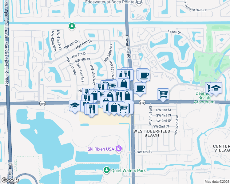 map of restaurants, bars, coffee shops, grocery stores, and more near 3814 Northwest 1st Place in Deerfield Beach