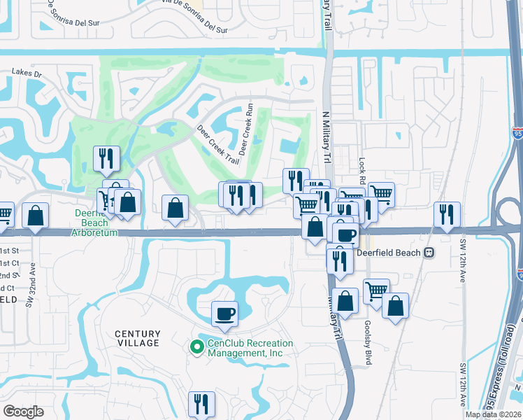 map of restaurants, bars, coffee shops, grocery stores, and more near 2110 Woodlands Trail in Deerfield Beach
