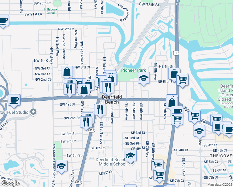 map of restaurants, bars, coffee shops, grocery stores, and more near in Deerfield Beach