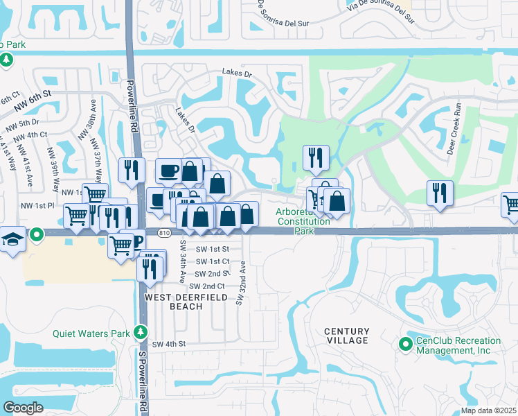 map of restaurants, bars, coffee shops, grocery stores, and more near 65 Deer Creek Road in Deerfield Beach