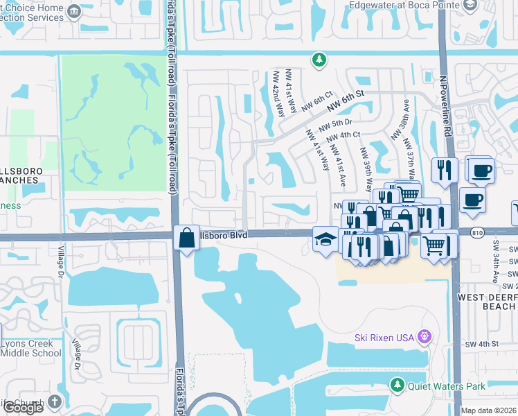 map of restaurants, bars, coffee shops, grocery stores, and more near 104 Northwest 44th Terrace in Deerfield Beach