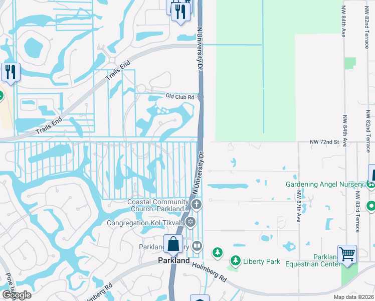 map of restaurants, bars, coffee shops, grocery stores, and more near 7126 Spyglass Avenue in Parkland