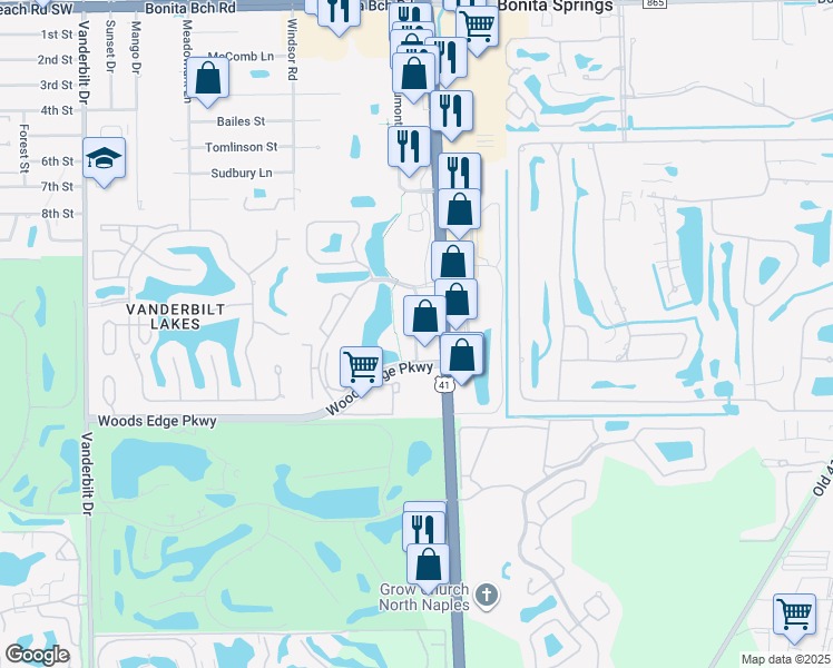 map of restaurants, bars, coffee shops, grocery stores, and more near 28700 Trails Edge Boulevard in Bonita Springs