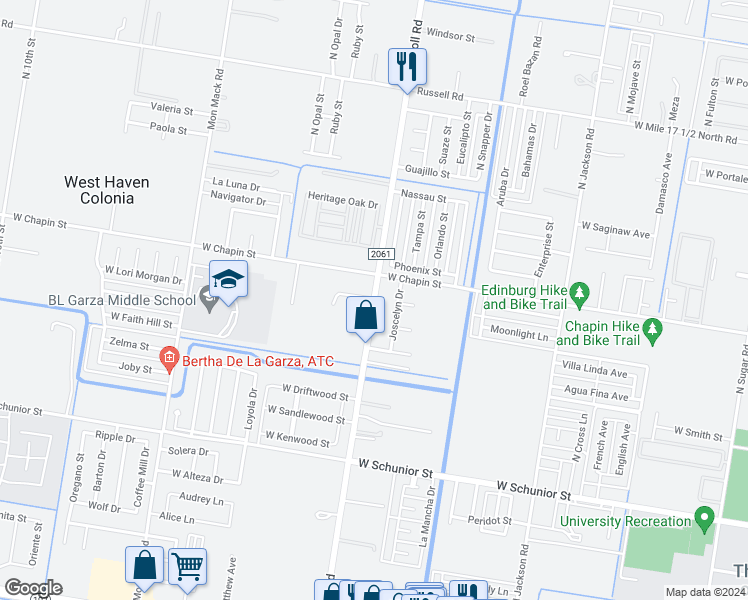 map of restaurants, bars, coffee shops, grocery stores, and more near 1302 North McColl Road in Edinburg