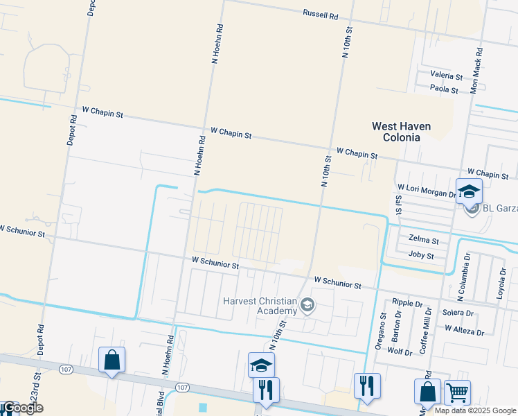 map of restaurants, bars, coffee shops, grocery stores, and more near 1018 North Blair Avenue in Edinburg