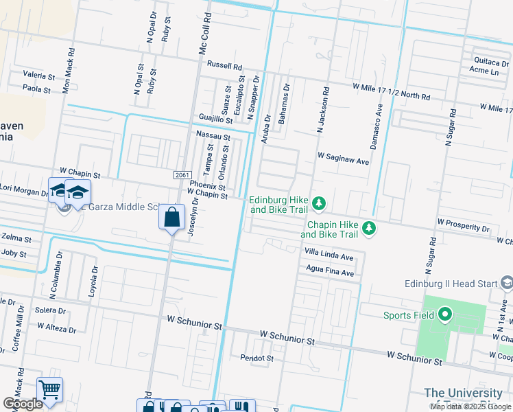 map of restaurants, bars, coffee shops, grocery stores, and more near 2419 West Candlelight Drive in Edinburg