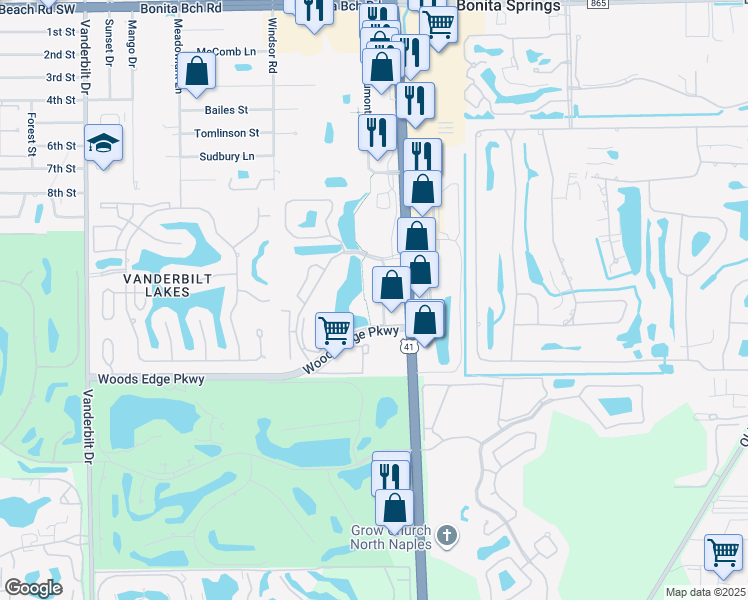 map of restaurants, bars, coffee shops, grocery stores, and more near 28700 Trails Edge Boulevard in Bonita Springs
