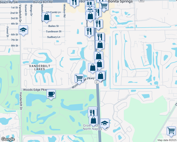 map of restaurants, bars, coffee shops, grocery stores, and more near 28700 Trails Edge Boulevard in Bonita Springs