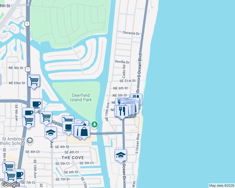 map of restaurants, bars, coffee shops, grocery stores, and more near 1939 Northeast 5th Street in Deerfield Beach