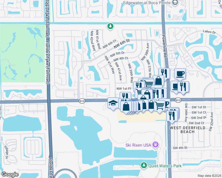 map of restaurants, bars, coffee shops, grocery stores, and more near 110 Northwest 42nd Way in Deerfield Beach