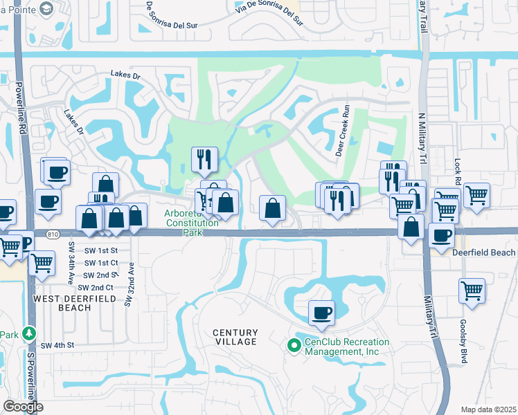 map of restaurants, bars, coffee shops, grocery stores, and more near 135 Deer Creek Boulevard in Deerfield Beach