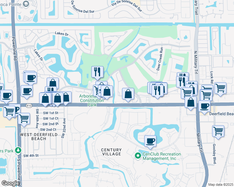 map of restaurants, bars, coffee shops, grocery stores, and more near 135 Deer Creek Boulevard in Deerfield Beach