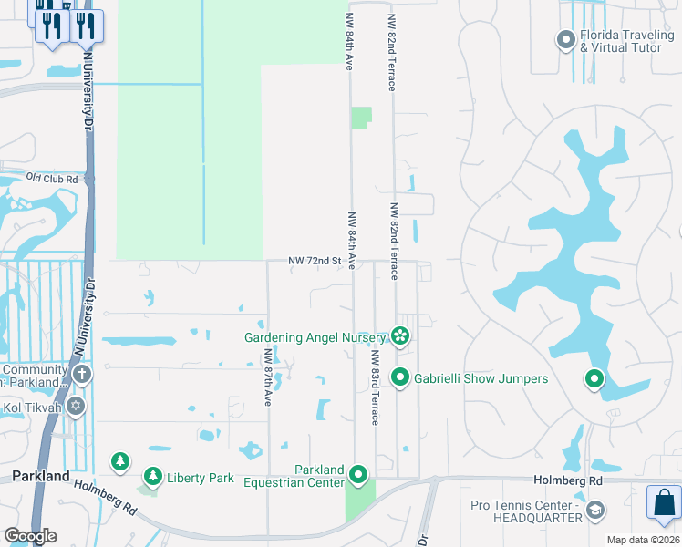 map of restaurants, bars, coffee shops, grocery stores, and more near 8500 Northwest 72nd Street in Parkland