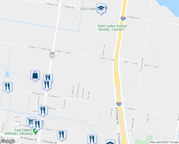 map of restaurants, bars, coffee shops, grocery stores, and more near 2122 Woodstone Drive in Edinburg