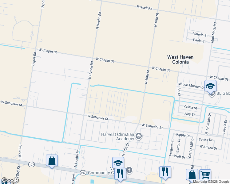 map of restaurants, bars, coffee shops, grocery stores, and more near 4625 West Schunior Street in Edinburg