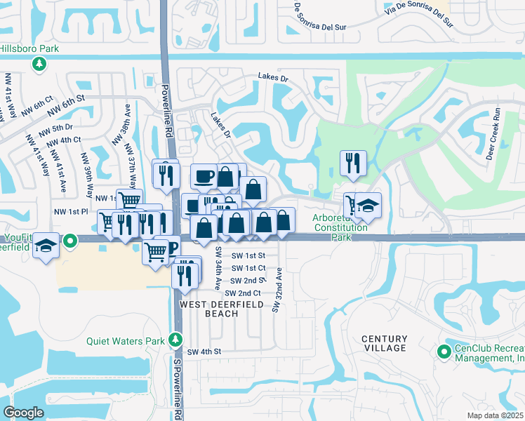map of restaurants, bars, coffee shops, grocery stores, and more near 3401 Country Club Boulevard in Deerfield Beach