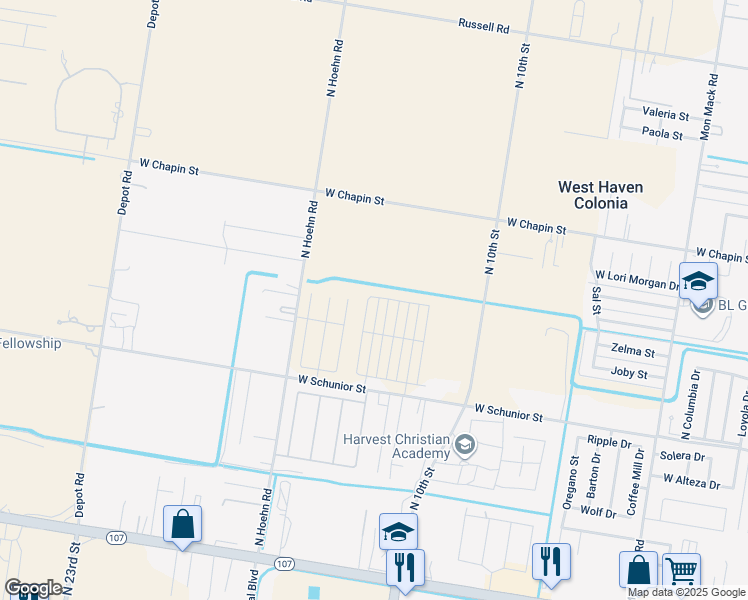 map of restaurants, bars, coffee shops, grocery stores, and more near 1018 North Blair Avenue in Edinburg