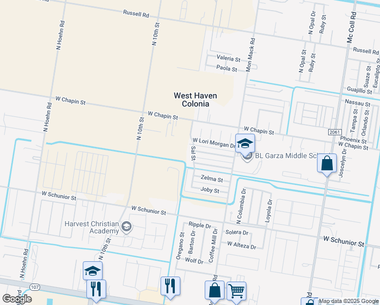 map of restaurants, bars, coffee shops, grocery stores, and more near 2 North Sal Street in Edinburg