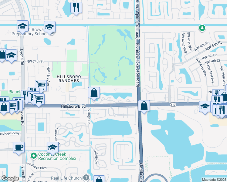 map of restaurants, bars, coffee shops, grocery stores, and more near 3540 Northwest 71st Street in Coconut Creek