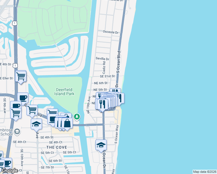 map of restaurants, bars, coffee shops, grocery stores, and more near 1980 Northeast 5th Street in Deerfield Beach