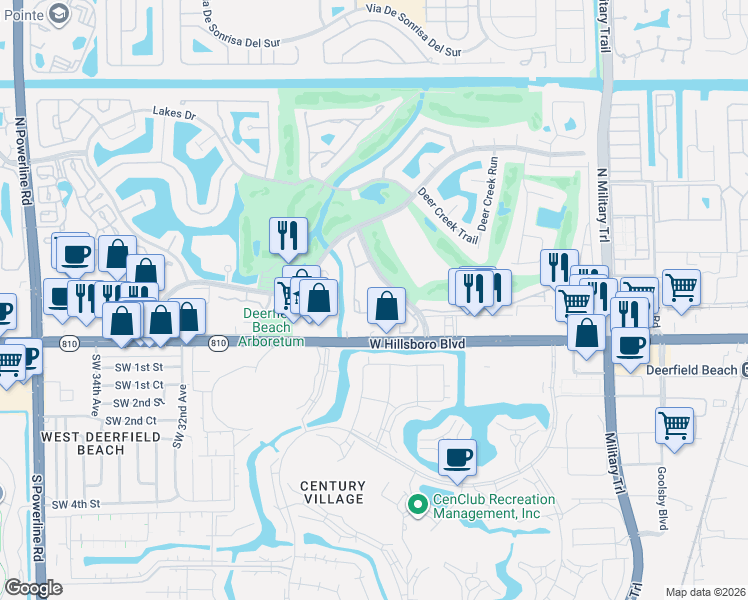 map of restaurants, bars, coffee shops, grocery stores, and more near 135 Deer Creek Boulevard in Deerfield Beach