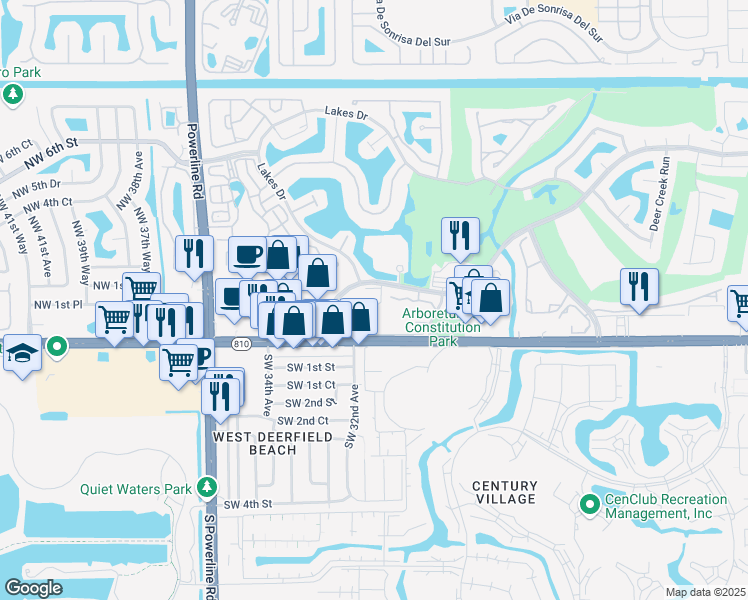 map of restaurants, bars, coffee shops, grocery stores, and more near 65 Deer Creek Road in Deerfield Beach