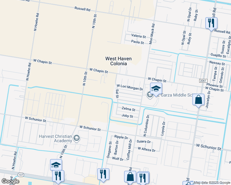 map of restaurants, bars, coffee shops, grocery stores, and more near 2 North Sal Street in Edinburg