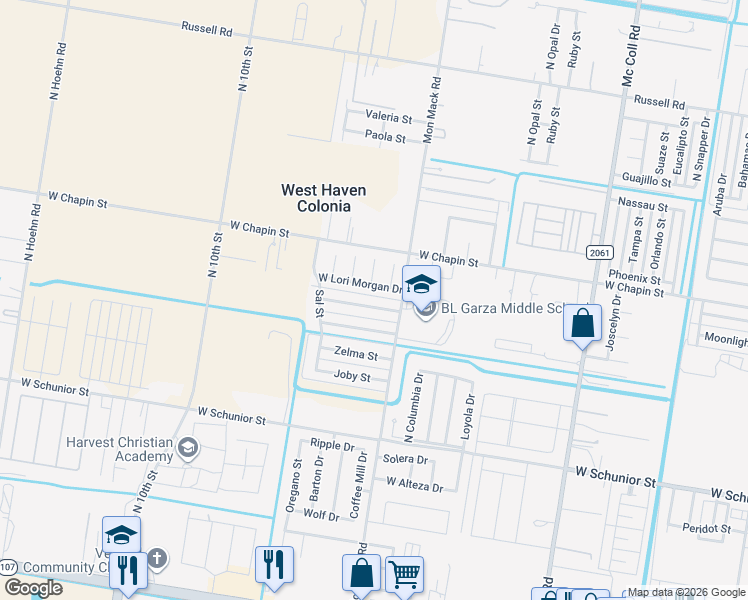 map of restaurants, bars, coffee shops, grocery stores, and more near 3612 West Sarah Evans Street in Edinburg